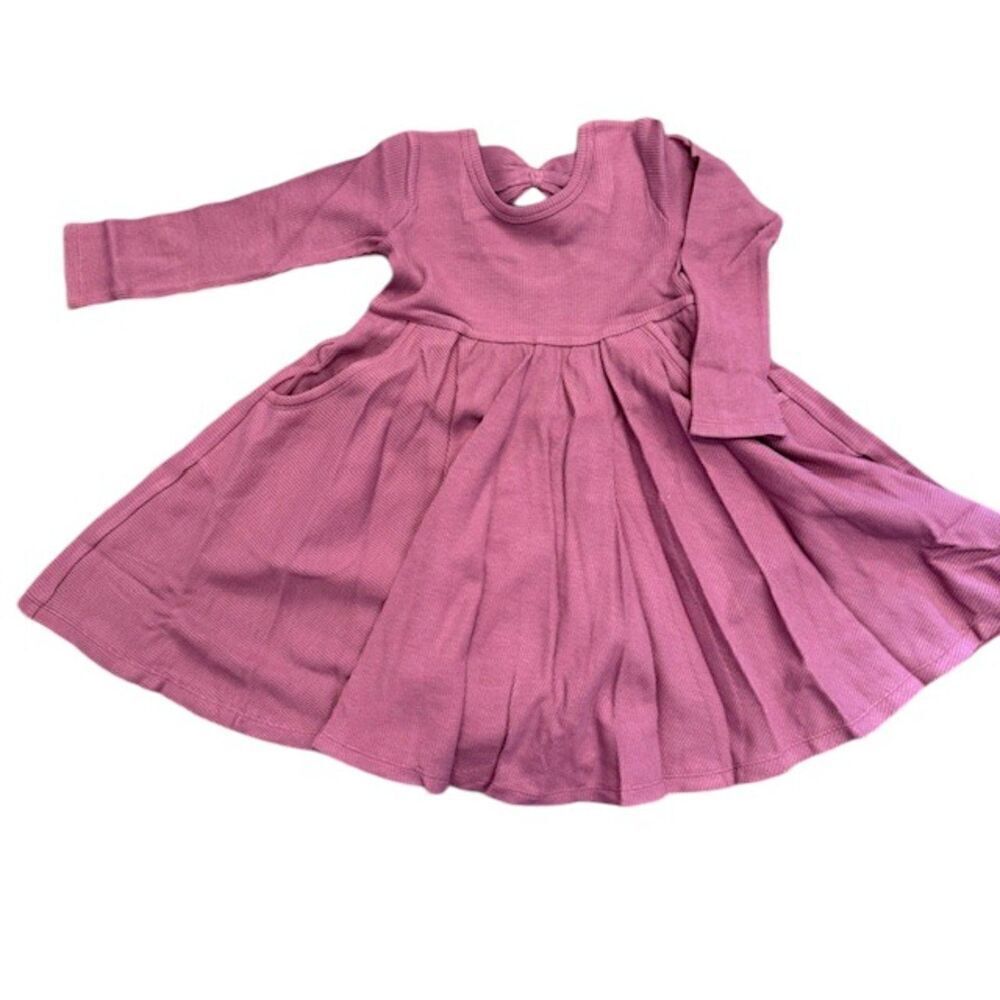 Loulou Lollipop Tencel Skater Dress Waffle Jersey Mauvewood Bow Pink Size 2T